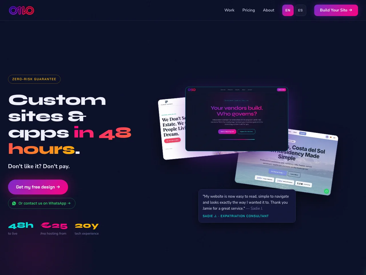 The build.oneten.tech homepage: custom sites and apps in 48 hours